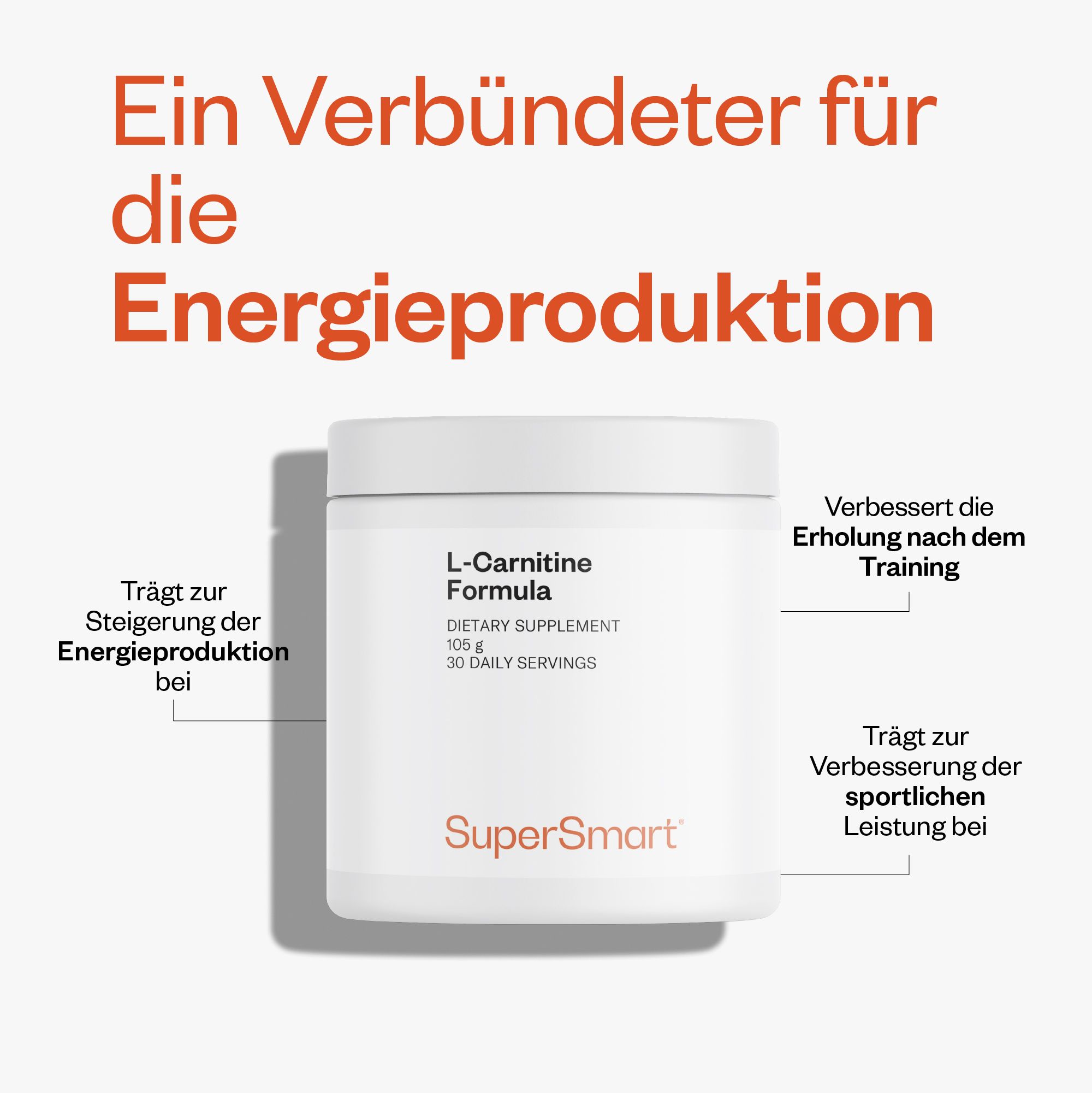 Weißes Produktglas mit L-Carnitin-Formel. Marke: SuperSmart. Text: 105 g, 30 Tagesportionen. Pfeile zeigen auf Text.
