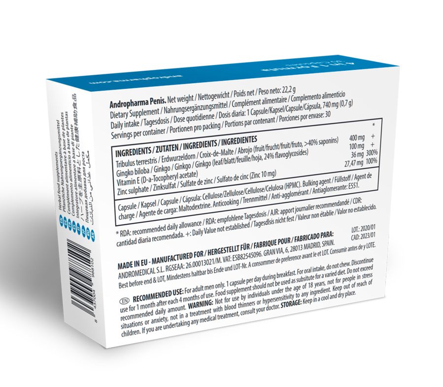 Blau-weiße Schachtel mit Produktinformationen. Zutatenliste, Nährwertangaben und Herstellerdetails sind aufgedruckt. Text in mehreren Sprachen.