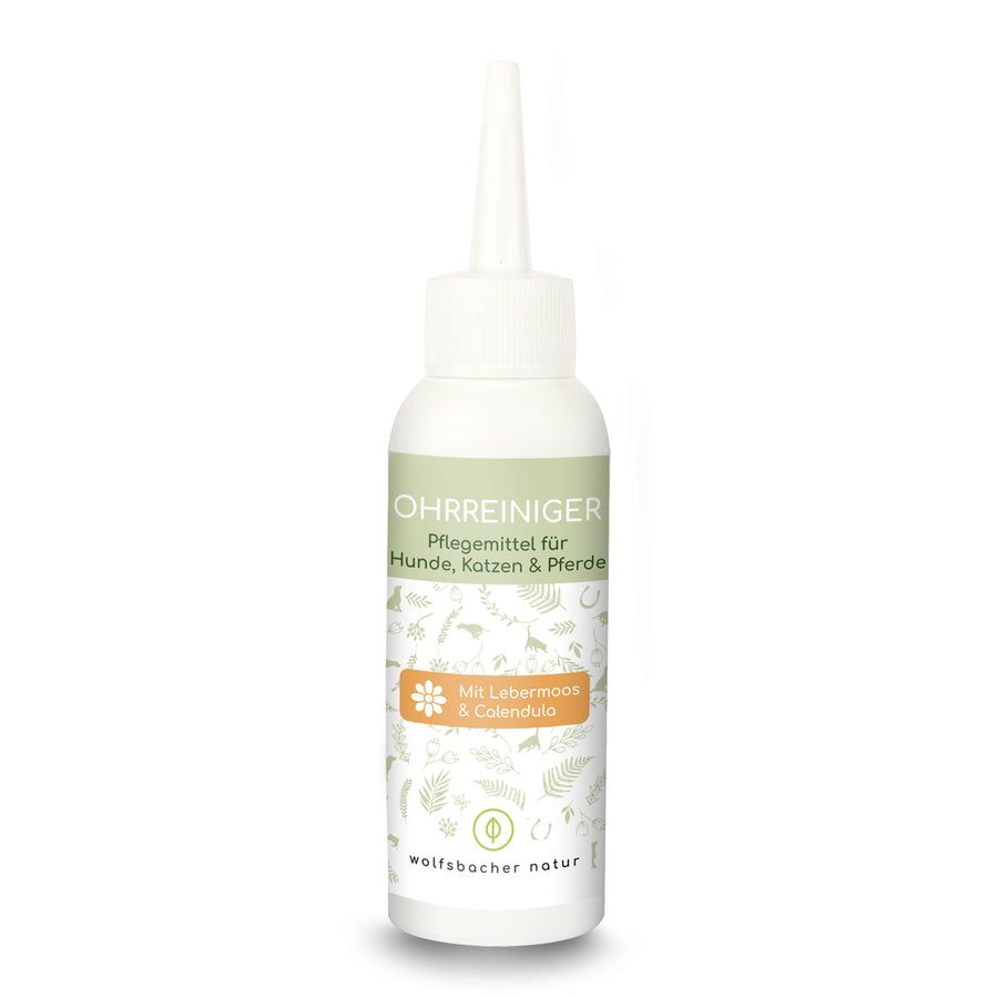 Weißes Fläschchen mit Applikator. Text: Ohrreiniger für Hunde, Katzen & Pferde. Mit Lebermoos & Calendula.