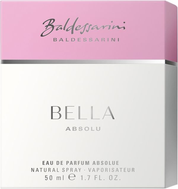 Rosa-weißer Karton. Oben rosa, unten weiß. Schriftzug: Baldessarini, Bella Absolu. Text: Eau de Parfum, Natural Spray, 50 ml.