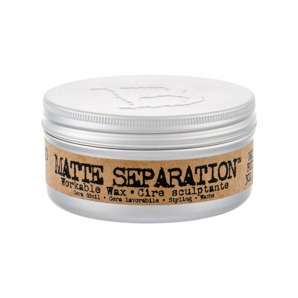 Runde Dose mit silbernem Deckel. Aufkleber mit "Matte Separation Workable Wax" und "Bed Head For Men".