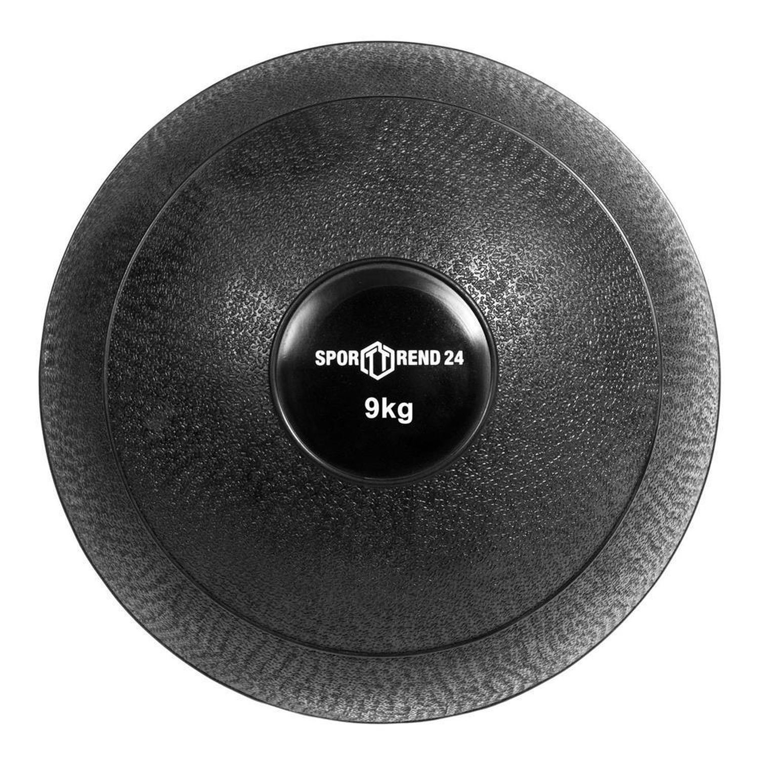 Schwarzer Slamball mit der Aufschrift Sporttrend24 und 9kg. Die Kugel hat eine strukturierte Oberfläche.