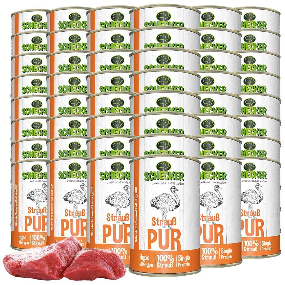 Dosenfutter mit Strauß. Mehrere Dosen gestapelt. Daneben rohes Fleisch. Aufschrift: Schecker, Strauß PUR, hypoallergen.