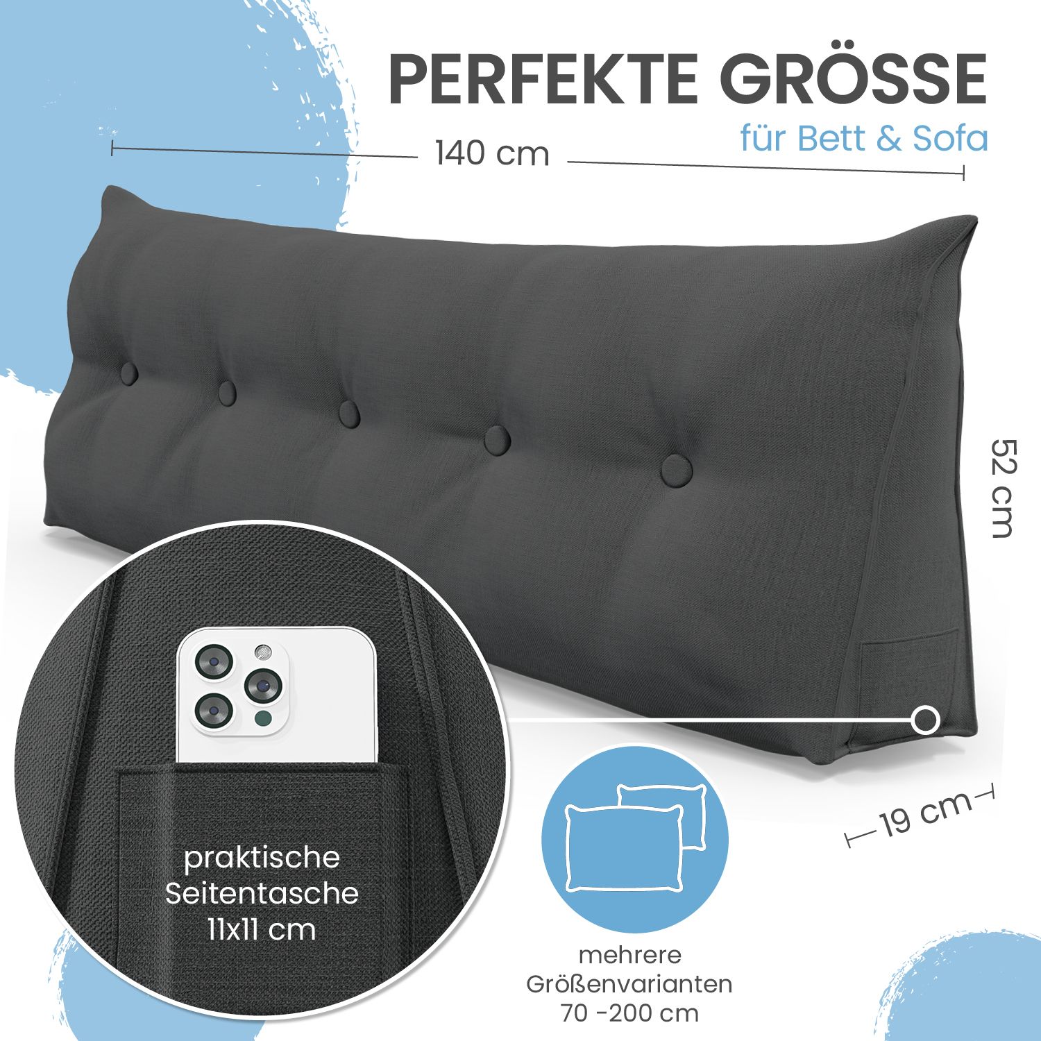 Graues Stützkissen mit Knöpfen. Maße: 140x52x19 cm. Tasche für Smartphone. Text: Perfekte Größe für Bett & Sofa.