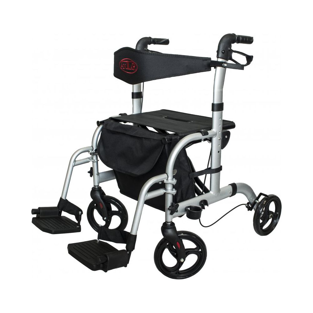 Rollator mit Sitzfläche, Rückenlehne und Fußstützen. Silberfarbenes Gestell, schwarze Sitzfläche und Tasche. Vier Räder.