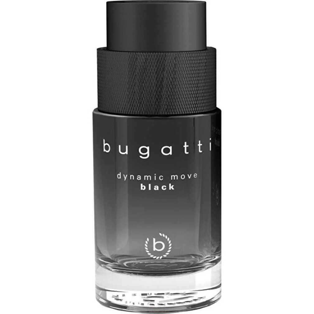 Schwarzer Flakon von bugatti Dynamic Move Black. Zylindrische Form mit schwarzem Verschluss und Logo.