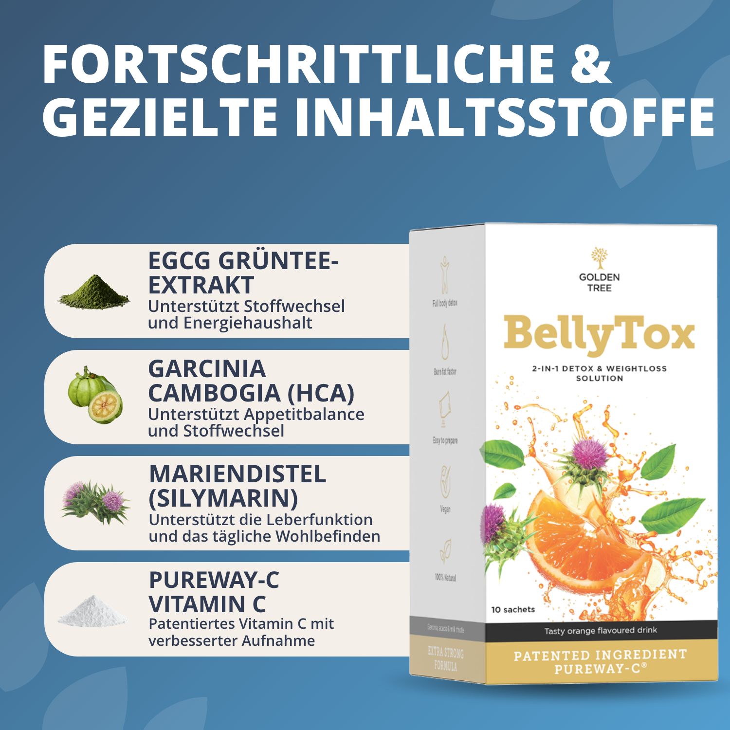 Golden Tree BellyTox Karton mit Zutatenliste: EGCG, Garcinia Cambogia, Mariendistel, Vitamin C.