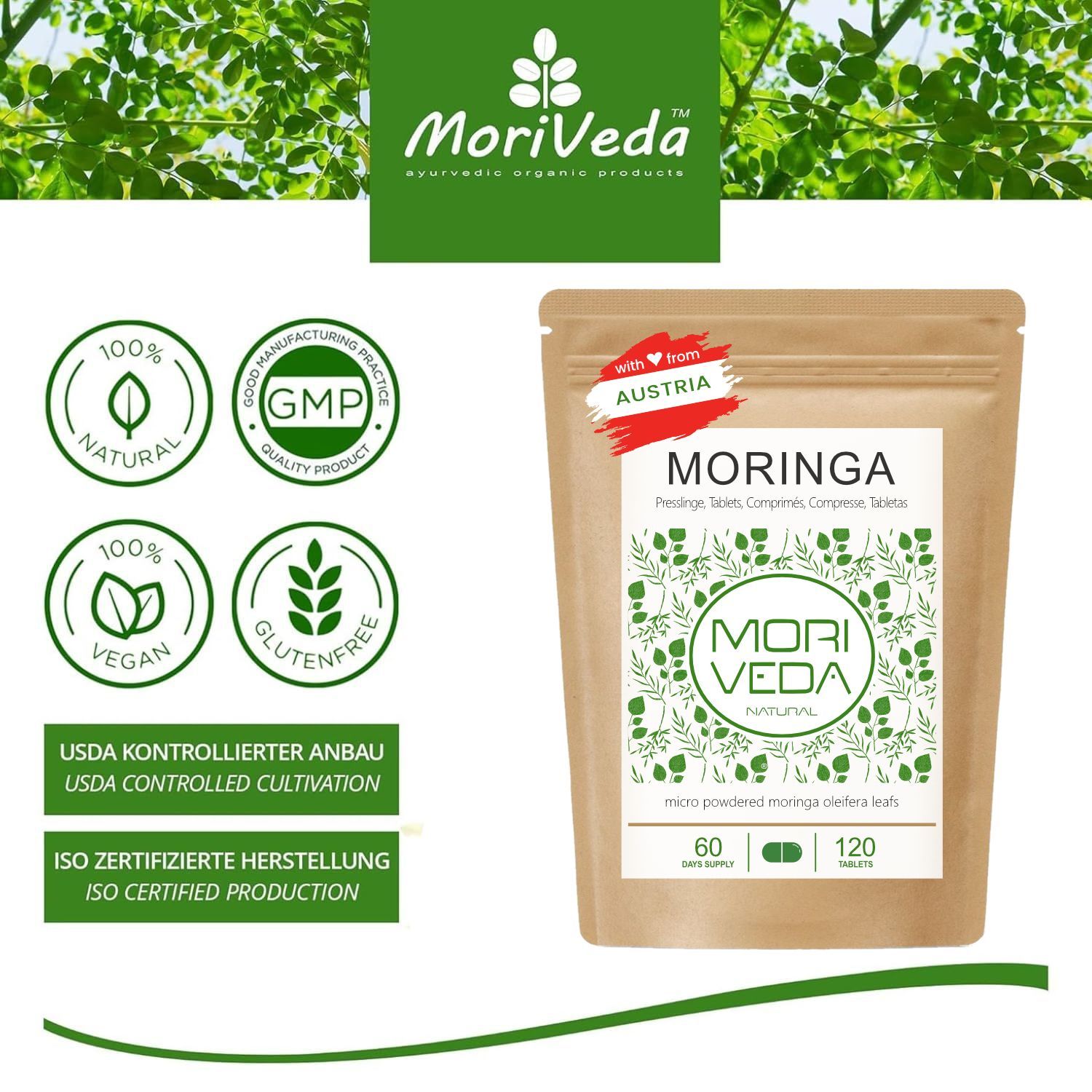 Beutel mit Tabletten. Aufschrift MORINGA, MORIVEDA NATURAL. Mit Siegeln: natürlich, vegan, glutenfrei. Mit österreichischem Siegel.