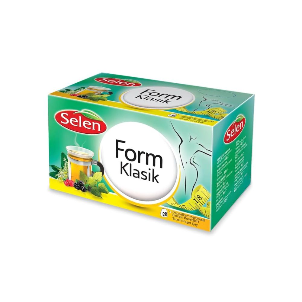 Verpackung von SELEN Form Klasik Tee. Grün-weißes Design mit Produktnamen und Logo. Abbildung einer Frau und einer Tasse Tee.