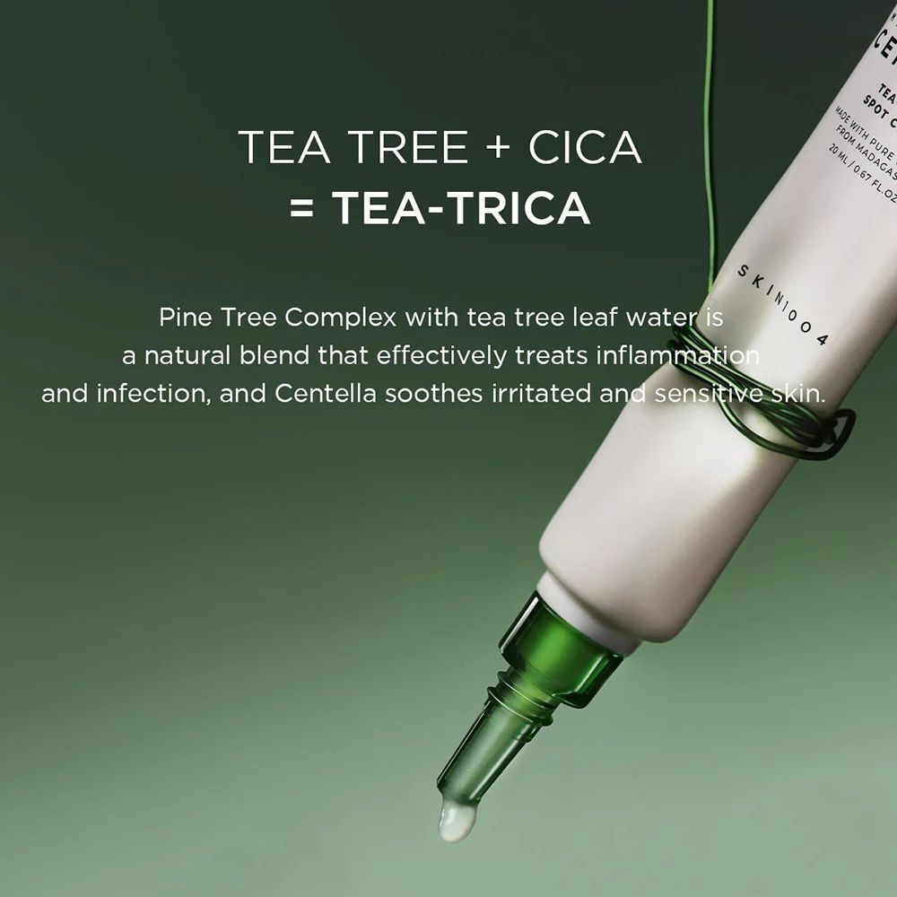Produkt-Tube mit Text: Tea Tree + Cica = Tea-Trica. Text über Inhaltsstoffe und Wirkung. Tropfen Produkt sichtbar.