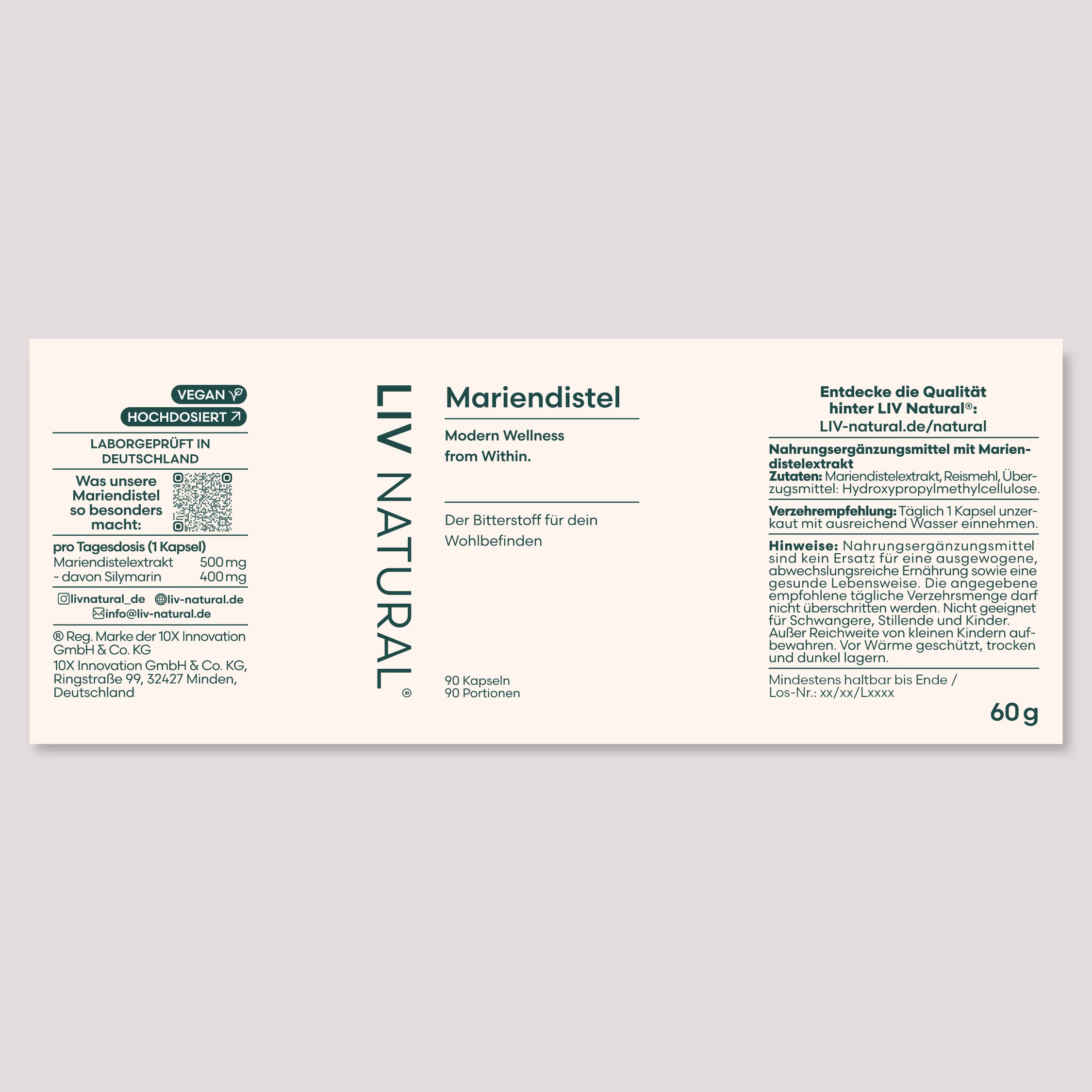 Weißes Etikett mit Text: Mariendistel, LIV NATURAL. Informationen zu Inhaltsstoffen, Dosierung und Qualitätssiegel.