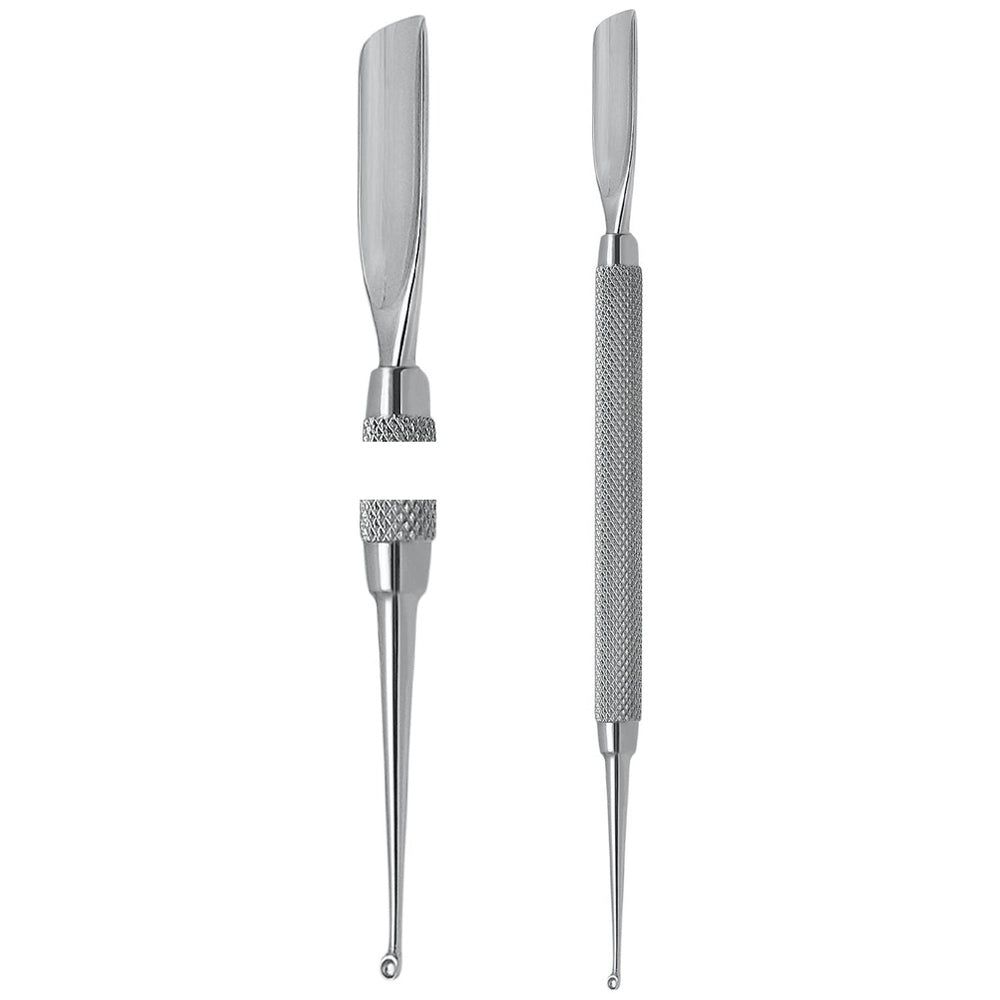 Zwei Edelstahl-Werkzeuge. Links: Extraktor mit zwei Teilen. Rechts: Extraktor mit geriffeltem Griff und Spitze.