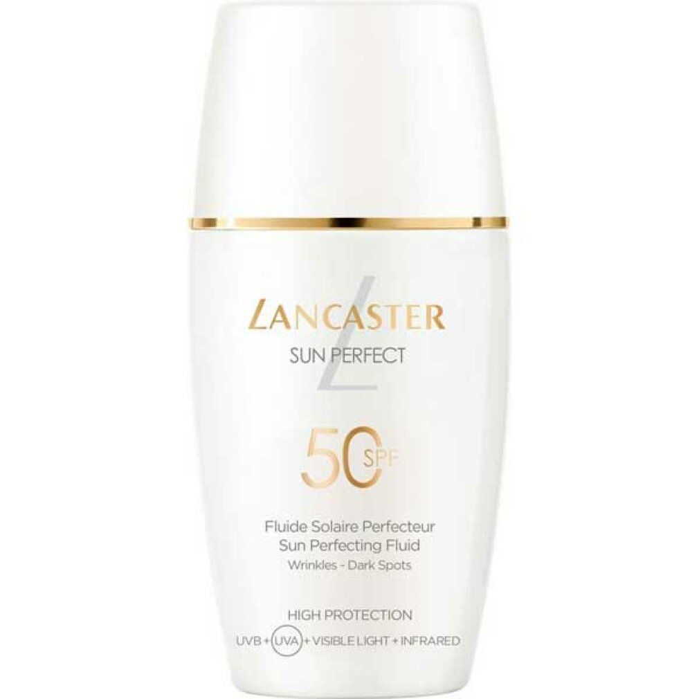 Lancaster Sun Perfect Fluid SPF50 in weißer Flasche mit goldenem Akzent.