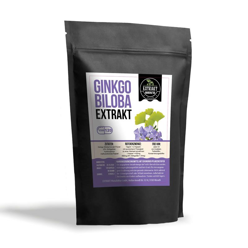 Schwarze Verpackung mit Aufschrift "Ginkgo Biloba Extrakt". Enthält 120 Kapseln. Logo und Illustrationen von Ginkgo-Blättern und Blüten.