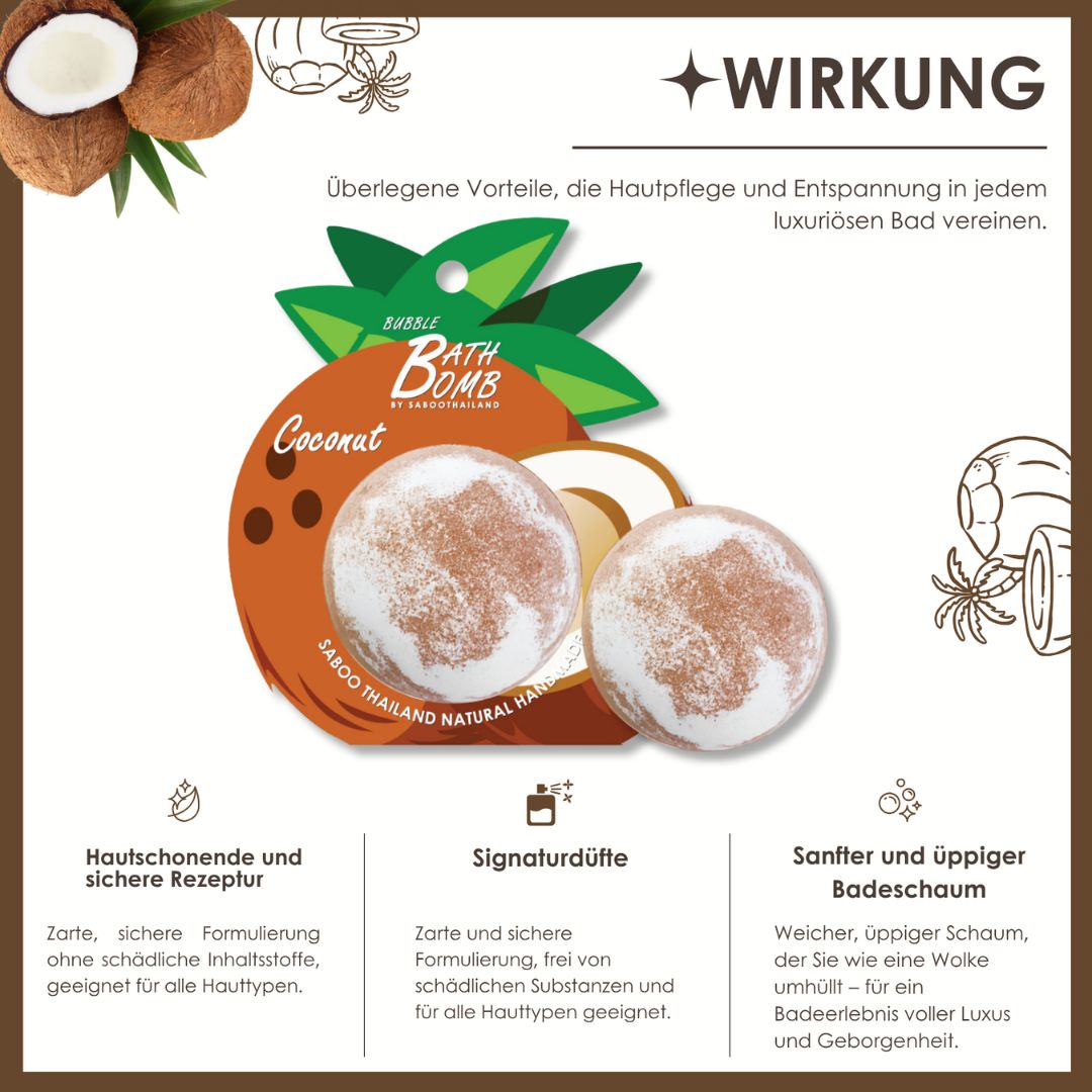 Zwei Kokosnuss-Badbomben. Text: Hautschonende und sichere Rezeptur. Signaturdüfte. Sanfter und üppiger Badeschaum. Logo: Bubble Bath Bomb.