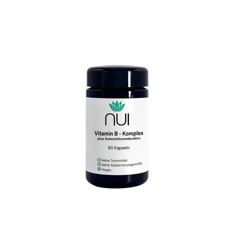 Schwarze Flasche mit weißem Etikett. Aufschrift: NUI Vitamin B-Komplex, 60 Kapseln. Vegan, ohne Trennmittel und Konservierungsstoffe.