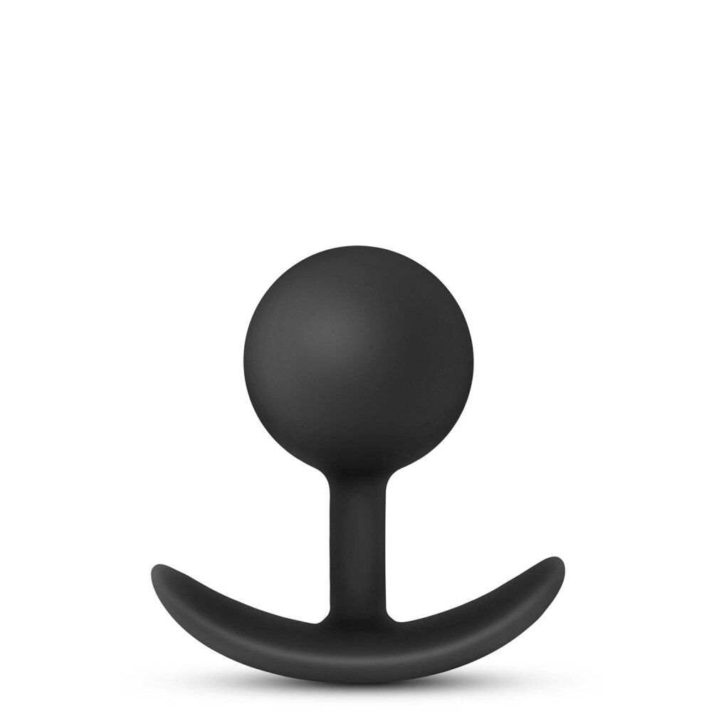 Schwarzer Analplug mit runder Spitze und gebogener Basis. Frontansicht.