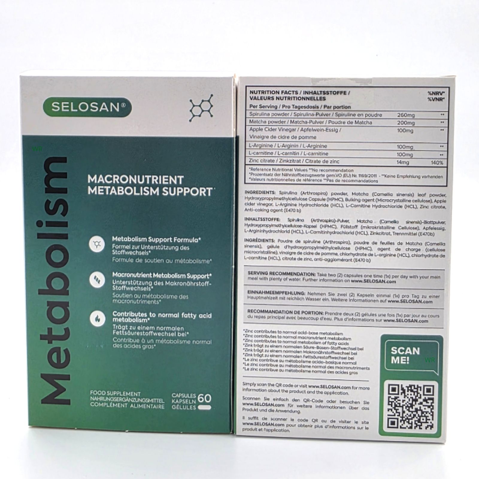 Geöffnete Schachtel Selosan Kapseln. Aufschrift: "Metabolism", "Macronutrient Metabolism Support". Enthält 60 Kapseln. Nährwertangaben auf der Rückseite.