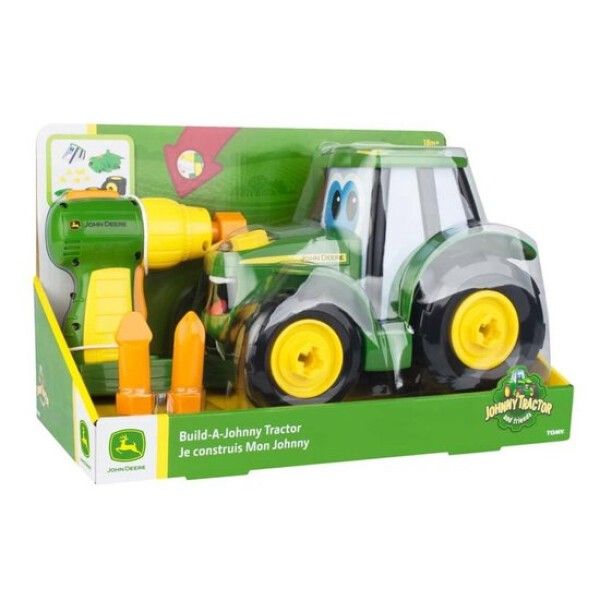 Spielzeugtraktor mit Schraubenzieher und Zubehör in Verpackung. Grün, gelb und schwarz. Mit John Deere Logo.