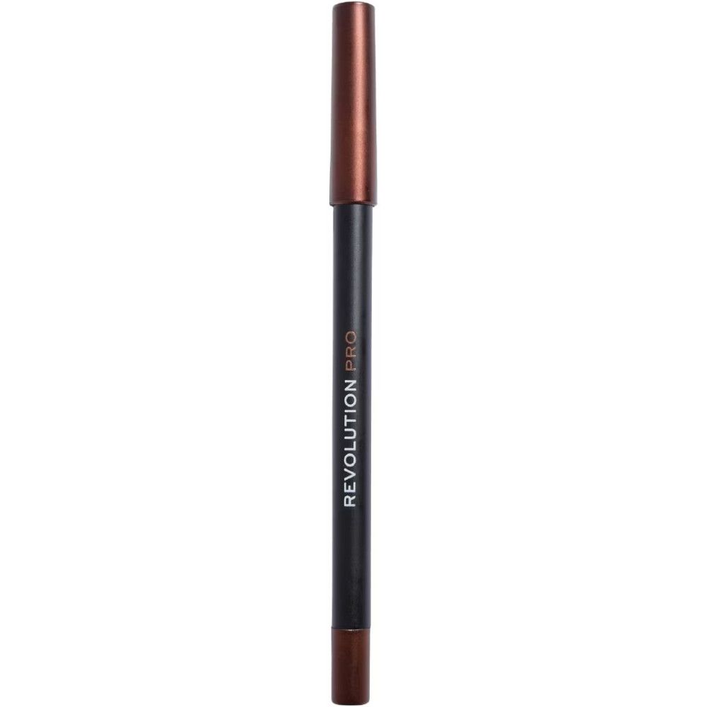 Brauner Eyeliner-Stift. Schwarzer Schaft mit goldfarbener Schrift "REVOLUTION PRO". Spitze und Kappe in Braun.