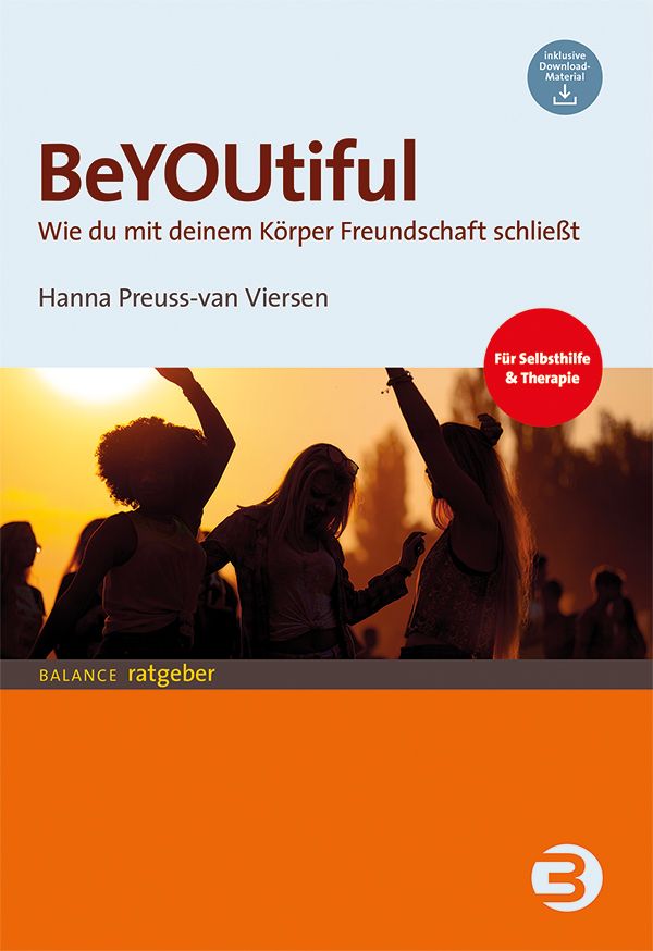 Buchcover: BeYOUtiful. Titel, Autorin, und Hinweis auf Download-Material. Personen tanzen vor Sonnenuntergang.