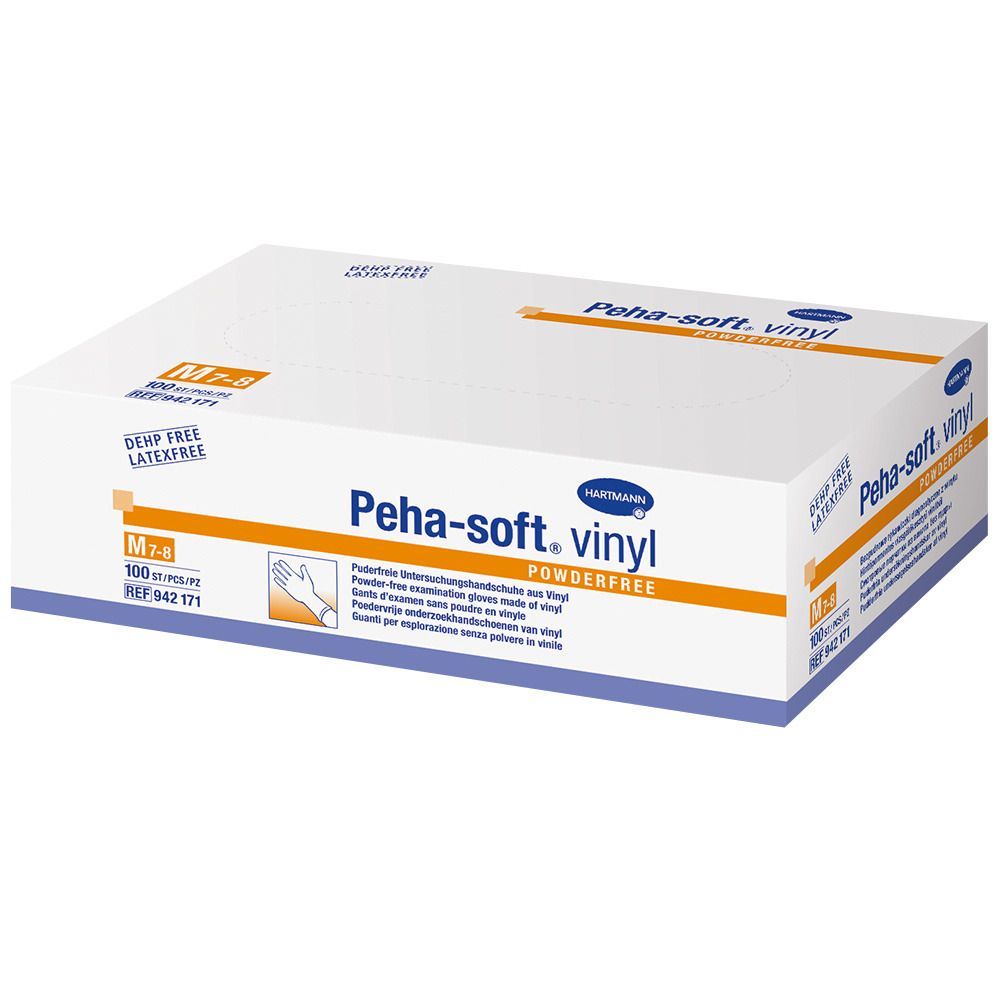 Karton mit Untersuchungshandschuhen. Aufschrift: Peha-soft vinyl powderfree. Größe M 7-8. Latex- und puderfrei. 100 Stück.