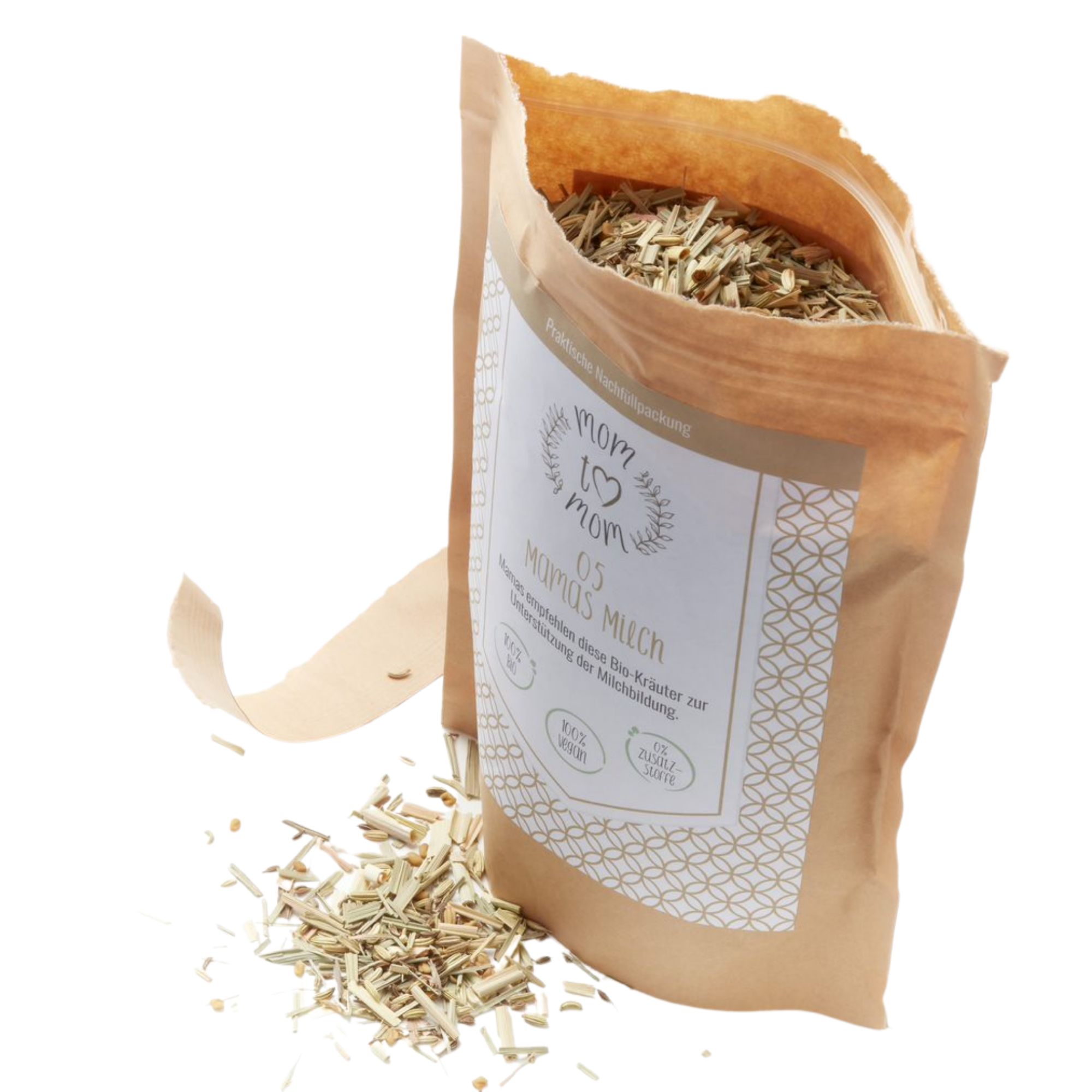 Beutel mit Kräutermischung. Aufdruck: Mom to Mom, Mamas Milch. Offene Verpackung, Kräuter liegen daneben.
