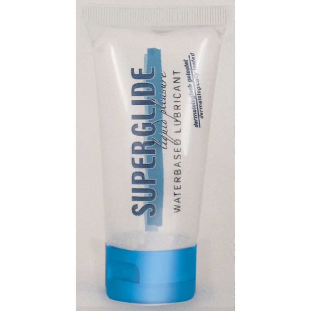 Klarer Gel-Tube mit blauem Verschluss. Aufschrift: SUPERGLIDE liquid pleasure, WATERBASED LUBRICANT. Dermatologisch getestet.