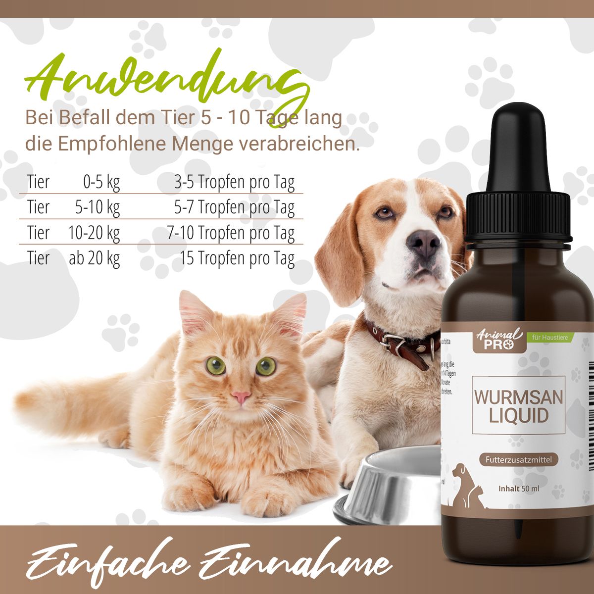 Produktflasche neben Katze und Hund. Text: Einfache Einnahme. Dosierungstabelle. Logo und Produktname.