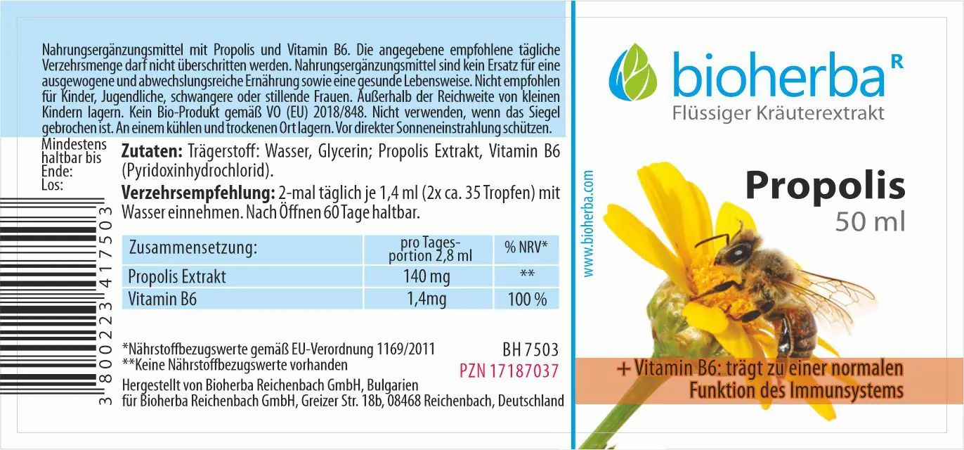 Etikett mit "bioherba" Logo, "Propolis" und Biene auf Blüte. Text: "Vitamin B6". Zusammensetzung und Verzehrempfehlung.