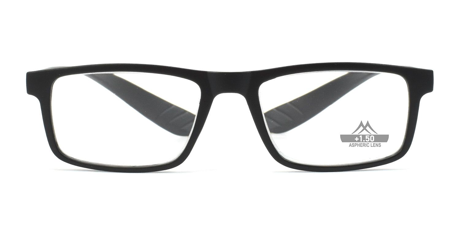 Schwarze Brille mit rechteckigen Gläsern. Auf einem Glas steht "+1.50 ASPHERIC LENS".