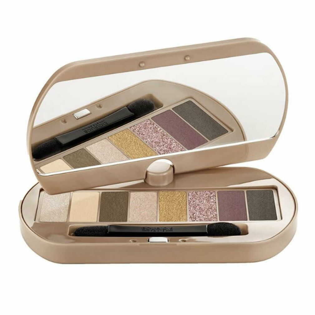 Lidschatten-Palette mit Spiegel und Applikator. Acht Farbtöne in Nude-Tönen. Geöffnet, mit Deckel und Spiegel.