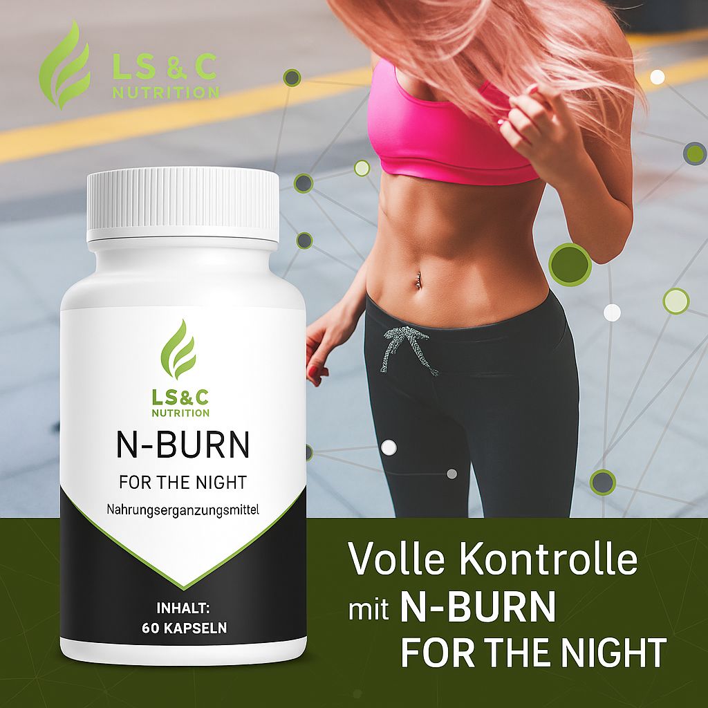 N-Burn for the Night Flasche. Text: Volle Kontrolle mit N-Burn for the Night. Frau in Sportkleidung.