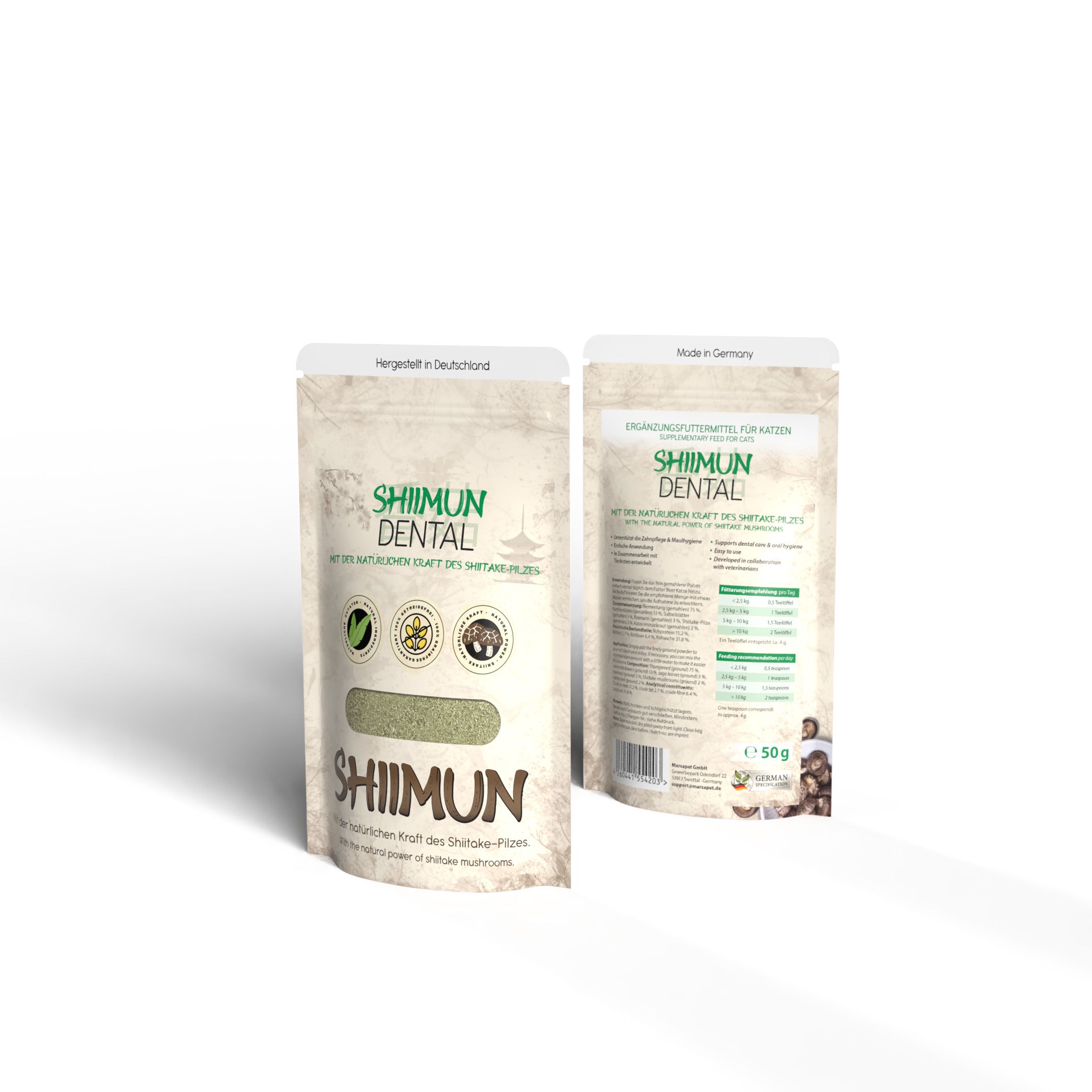 Zwei Shiimun Dental Pulver Beutel. Vorder- und Rückseite. Beige Verpackung mit grünem Pulver. Logo und Text.