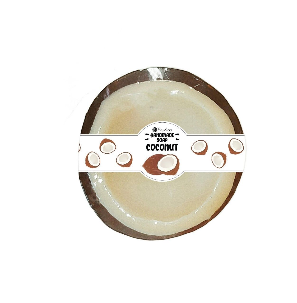 Runde Seife mit Kokosnuss-Motiv. Aufschrift: "SABOO Handmade Soap Coconut". Die Seife ist in Folie verpackt.
