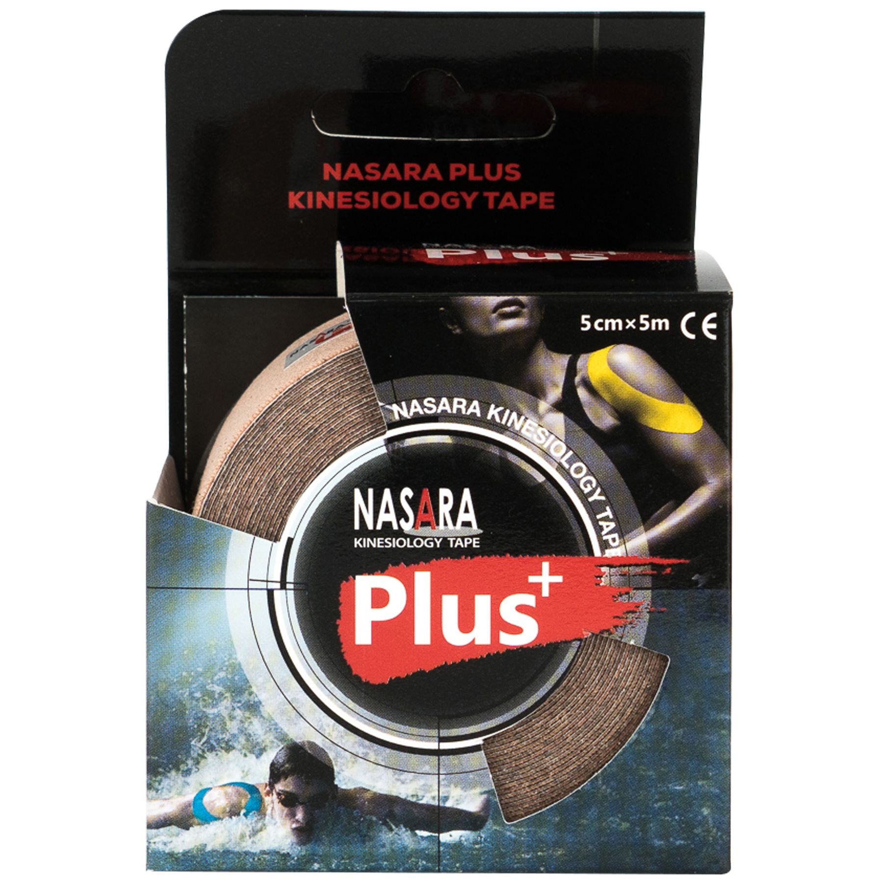 Verpackung von NASARA Kinesio Tape. Aufdruck: NASARA PLUS KINESIOLOGY TAPE, 5cm x 5m. Abbildung einer Person mit Tape.