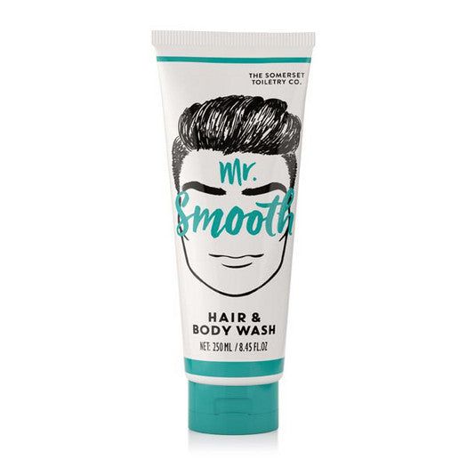 Tubo di bagnoschiuma Mr. Smooth con disegno di volto. Scritta Hair & Body Wash. Colori: bianco, verde e nero.