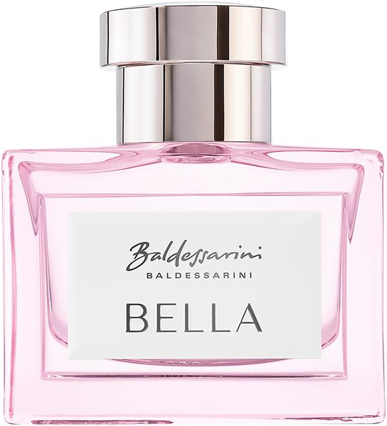 Rosa Glasflakon mit silbernem Verschluss. Auf weißem Etikett steht "Baldessarini BELLA".