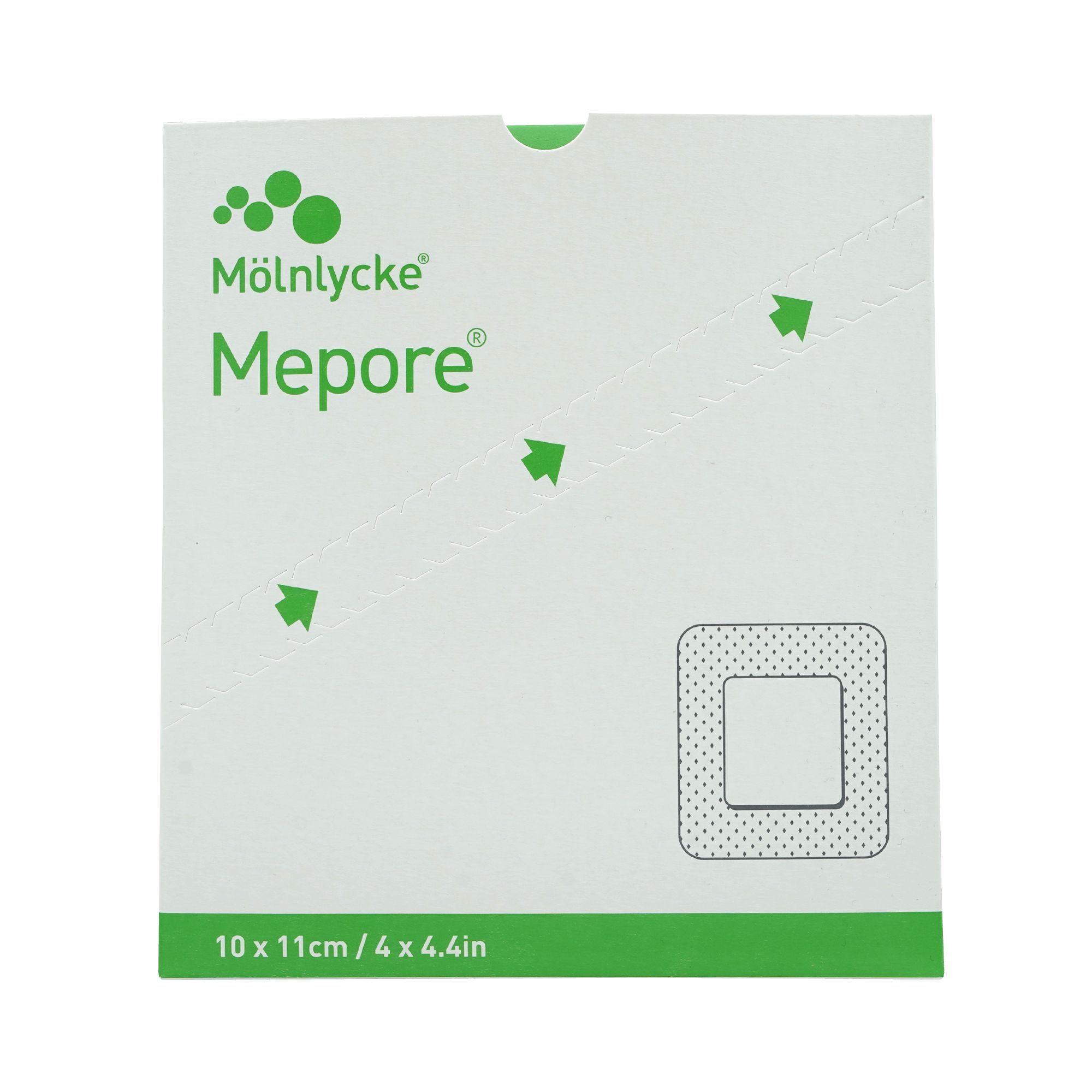 Verpackung eines sterilen Wundverbands. Aufschrift: Mepore, 10 x 11 cm / 4 x 4,4 Zoll.