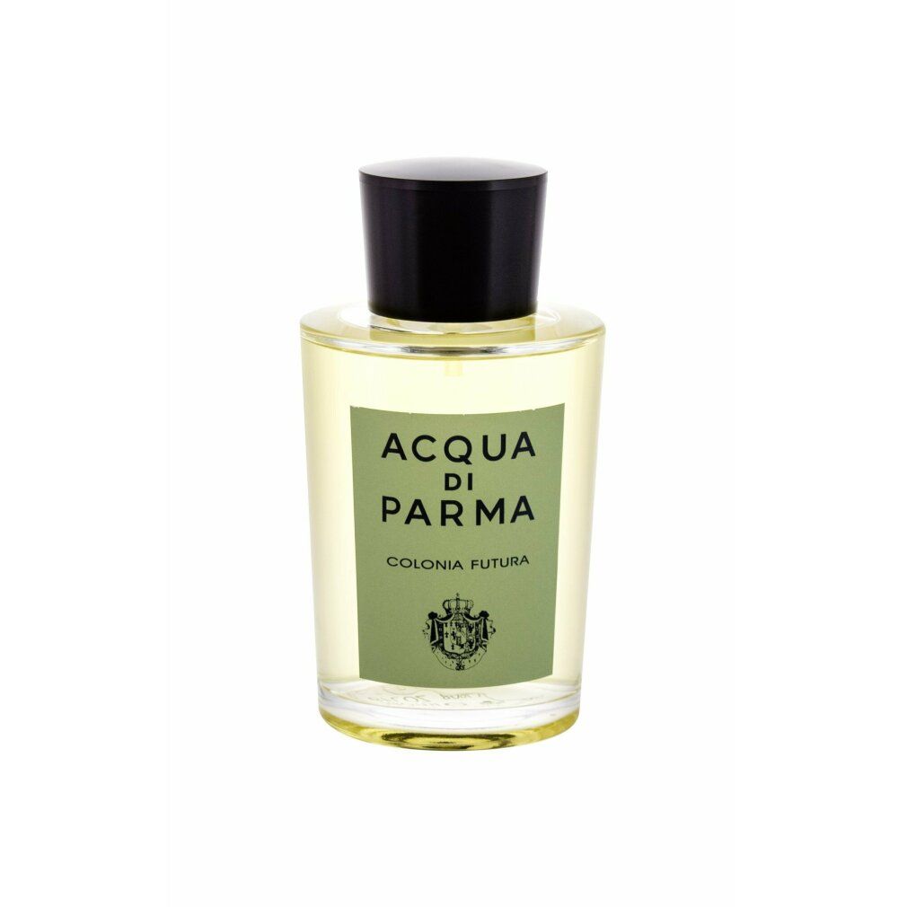 Flakon mit schwarzem Verschluss. Aufschrift: Acqua Di Parma Colonia Futura. Grünes Etikett mit Wappen. Klarer Flakon.
