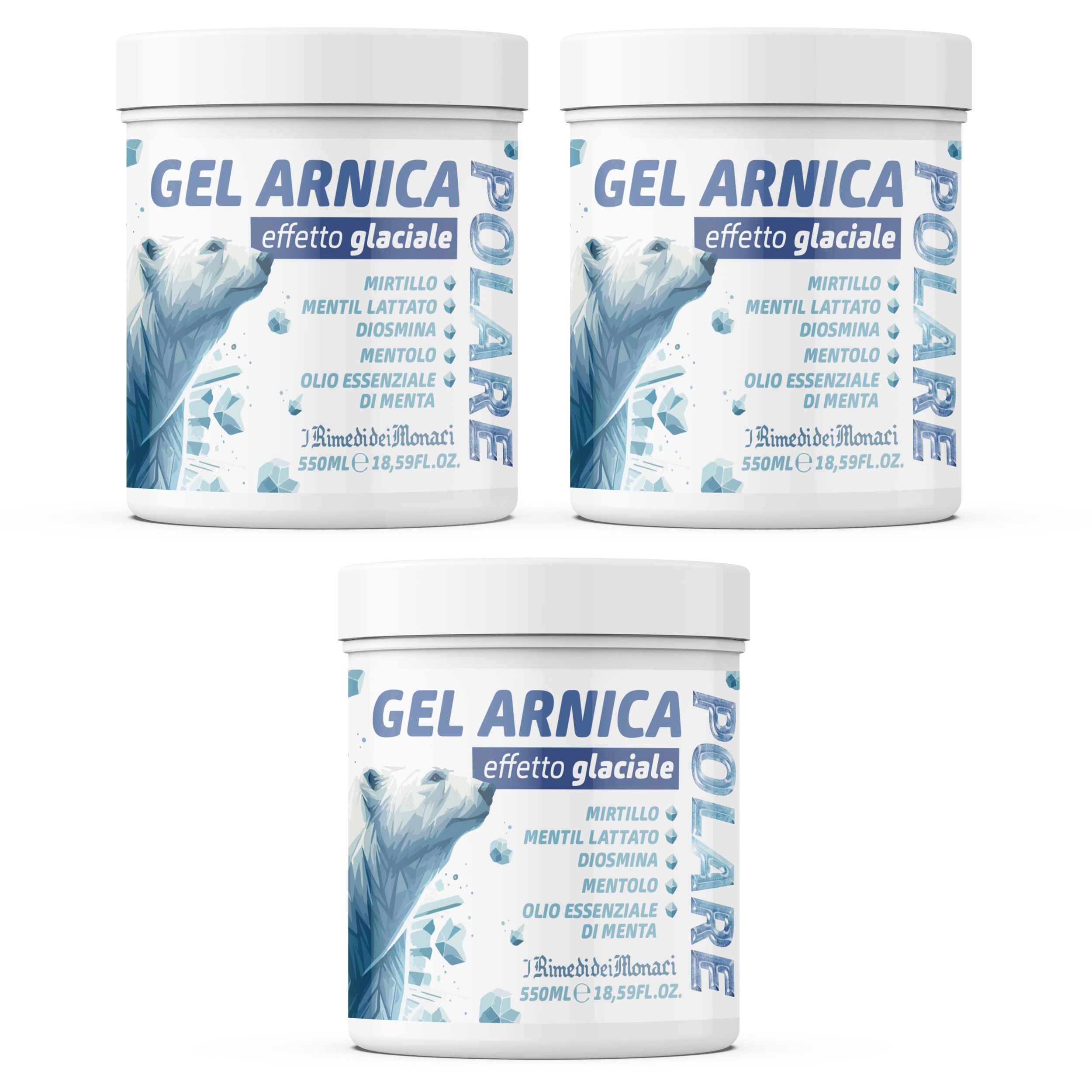 Drei weiße Tiegel mit blauem Etikett. Aufschrift: GEL ARNICA, effetto glaciale. Mit Inhaltsstoffen und Logo.