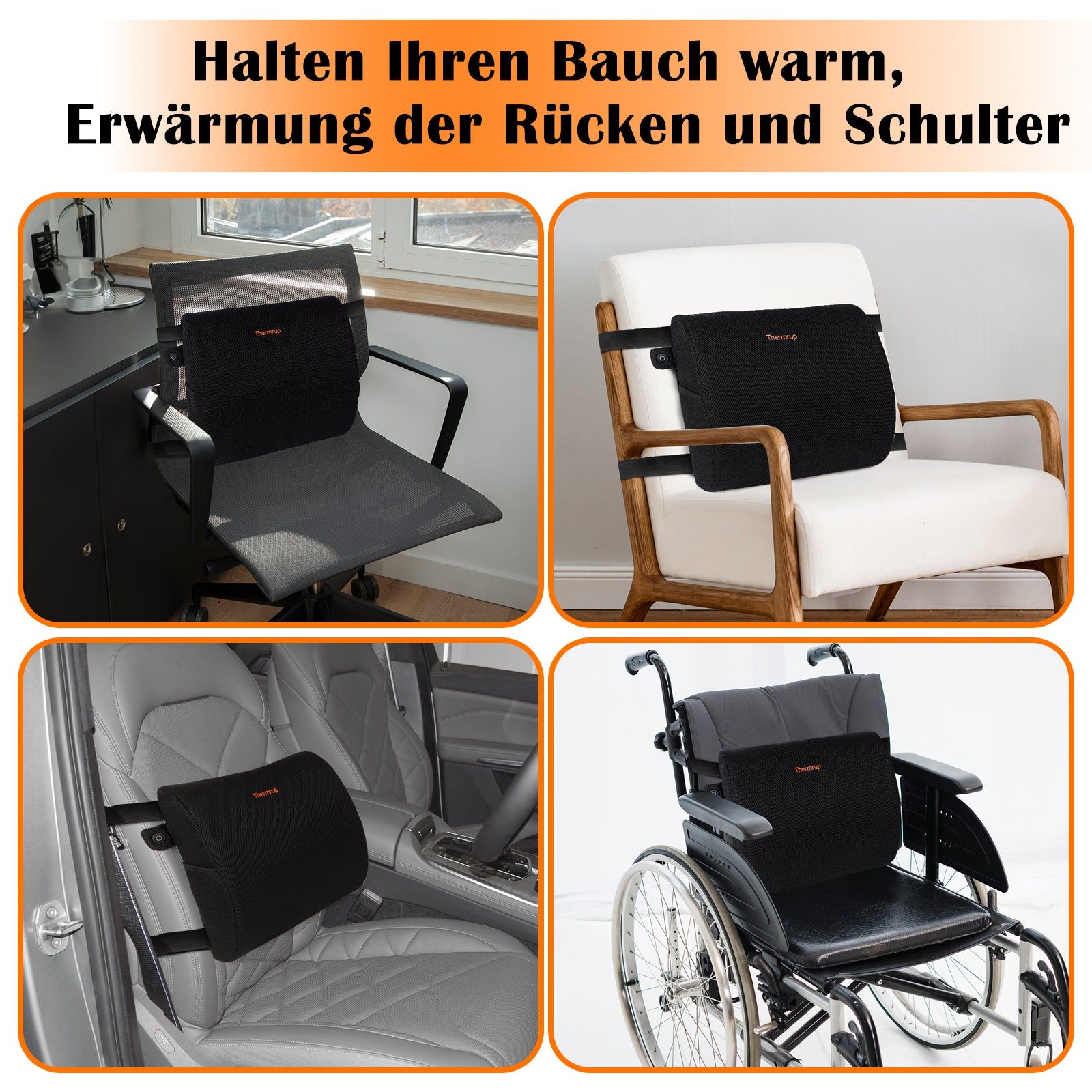 Schwarzes, ergonomisches Rückenkissen in verschiedenen Kontexten: Stuhl, Sessel, Auto, Rollstuhl. Befestigung mit Gurten.