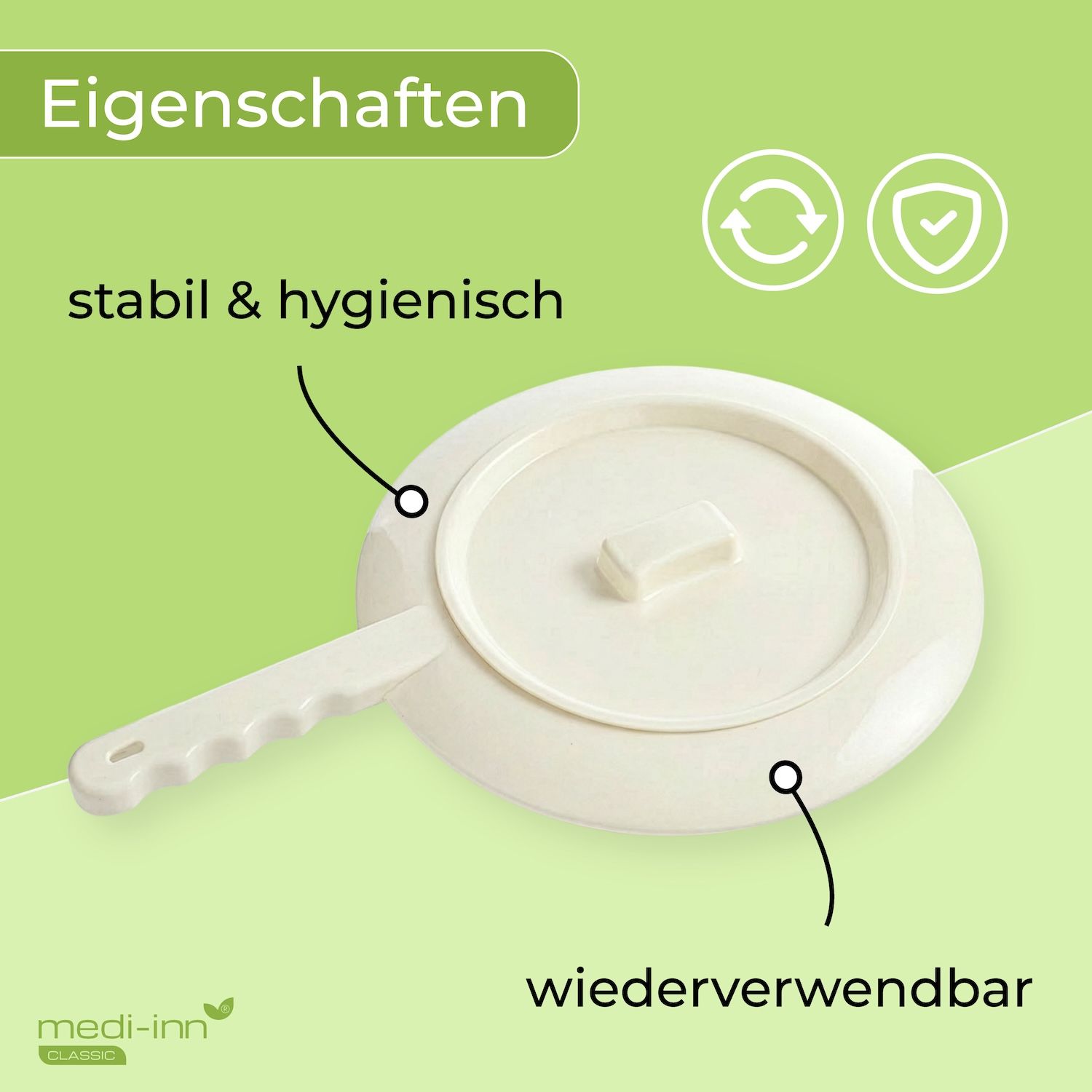 Stabile und hygienische Kunststoff-Bettpfanne, wiederverwendbar.