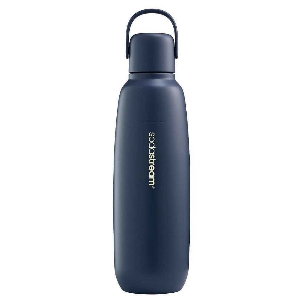 Dunkelblaue SodaStream Metallflasche mit Henkel und Schraubverschluss.