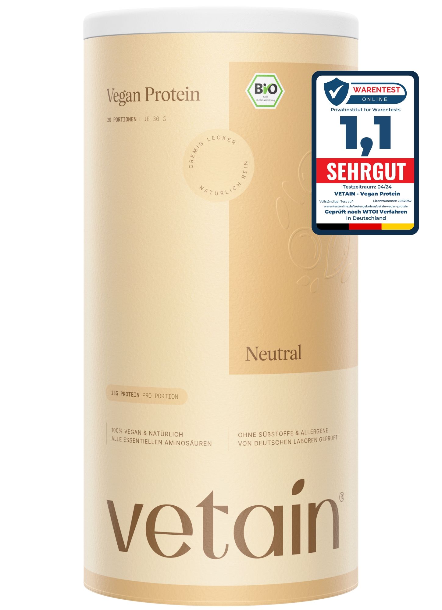 Beige Dose mit Aufschrift Vegan Protein, Neutral. Bio-Siegel und Testurteil. Aufschrift VETAIN.