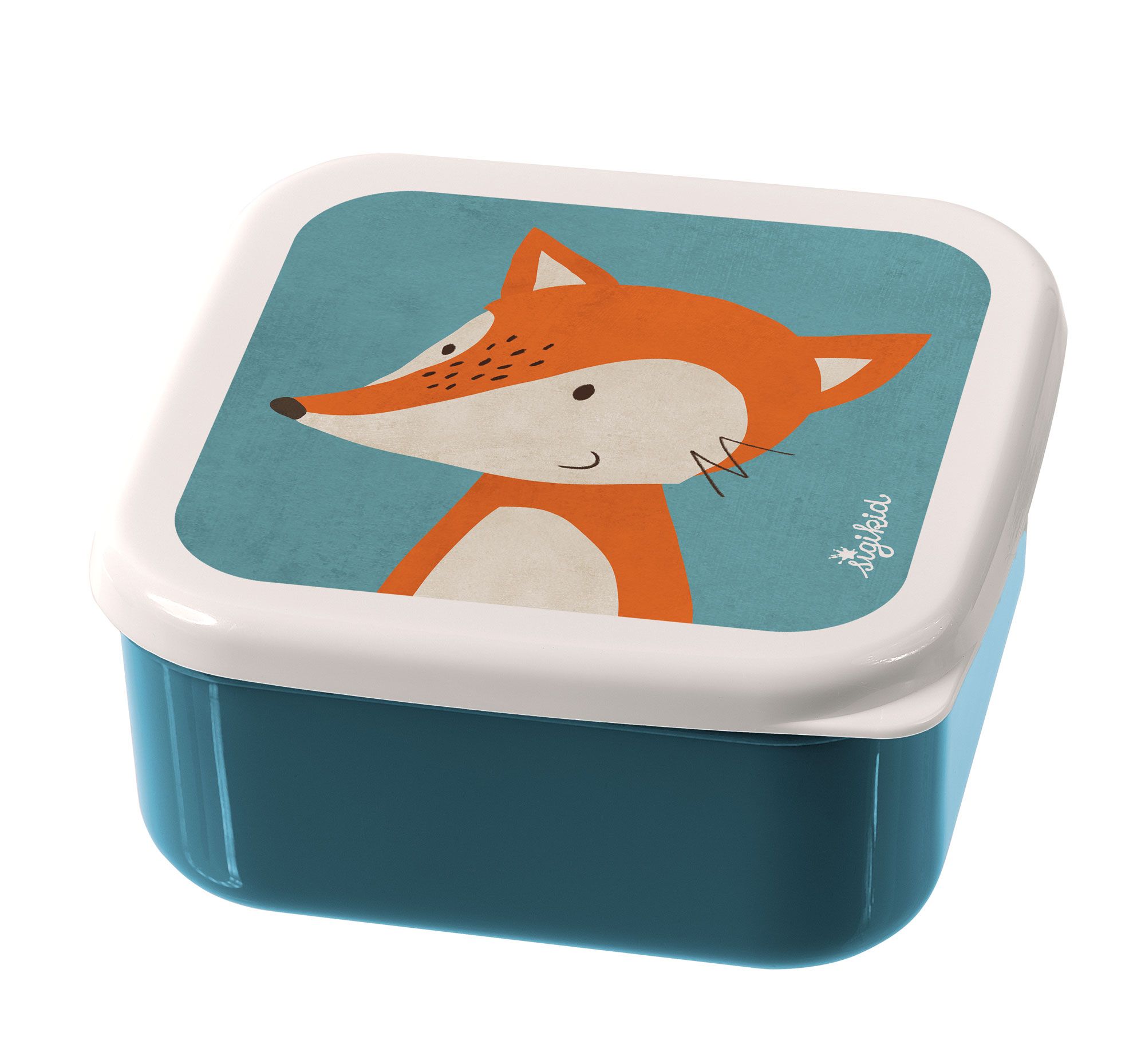 Blaue Snackbox mit Fuchs-Motiv. Deckel mit Fuchs-Illustration. Marke: sigikid.