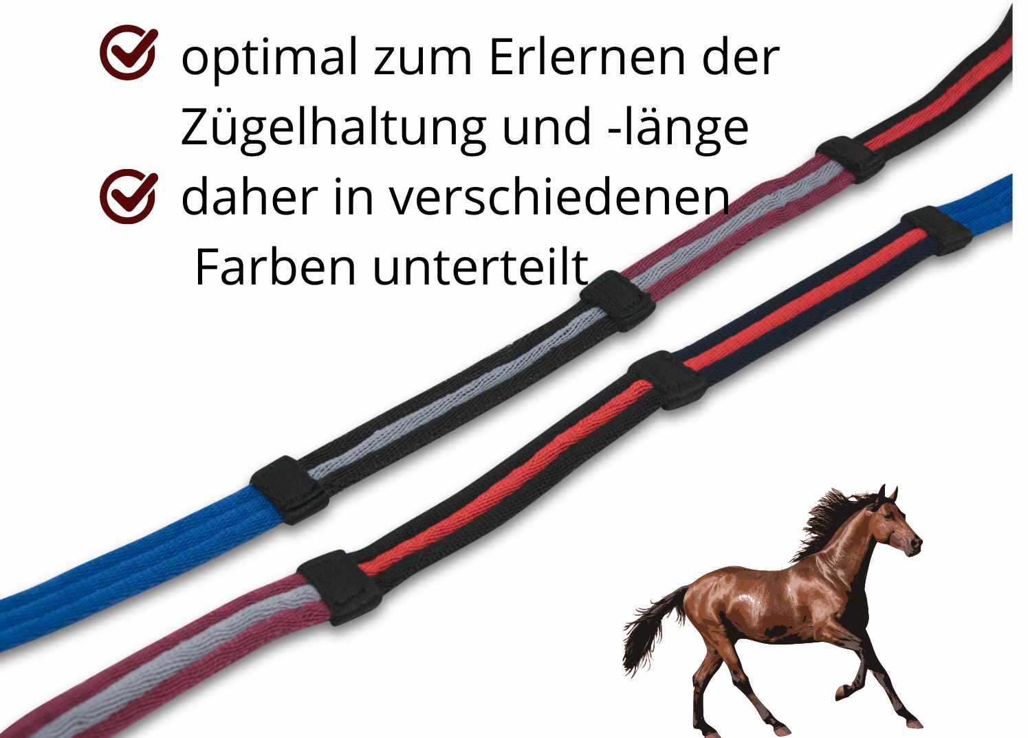 Lehrzügel in Blau, Rot und Grau. Schwarze Verbindungsstücke. Text: optimal zum Erlernen der Zügelhaltung und -länge, daher in verschiedenen Farben unterteilt.