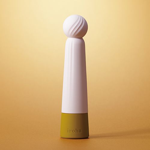 Wellness-Produkt mit Kugelspitze. Weiß, rosa und goldfarben. Aufschrift "iroha".