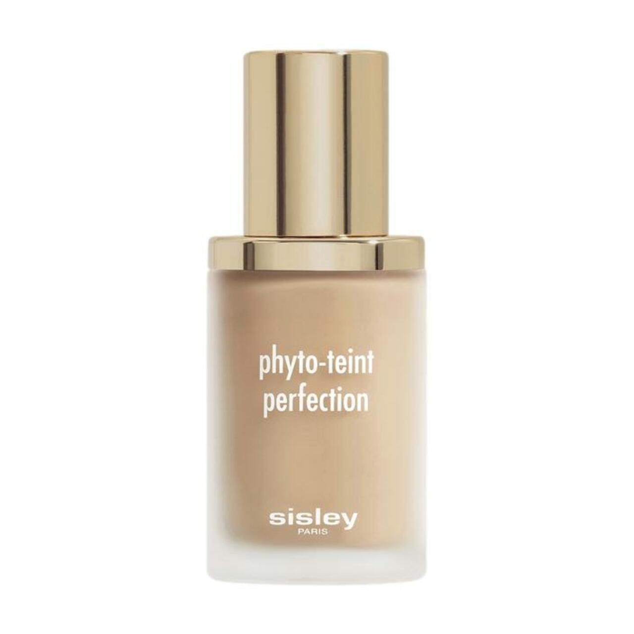 Foundation-Flasche mit goldfarbenem Deckel. Aufschrift: phyto-teint perfection, sisley PARIS. Beige Flüssigkeit sichtbar.