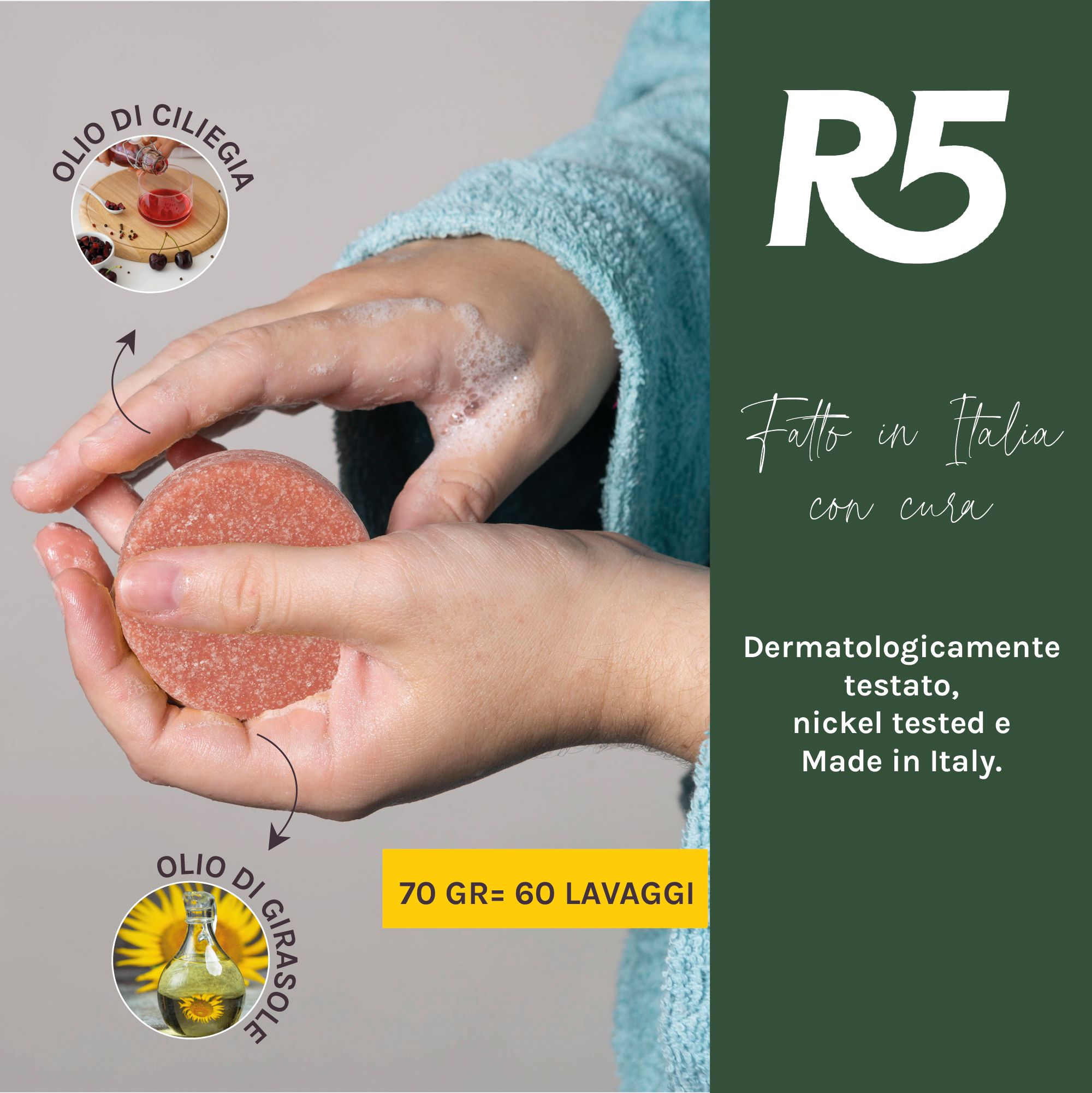 R5 Festes Shampoo 2-in-1. 70g ergeben 60 Wäschen. Dermatologisch getestet, nickelgetestet. Hergestellt in Italien.